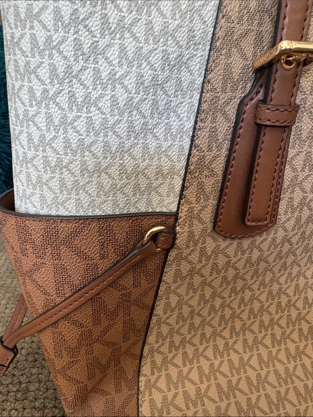 Michael Kors Two-Tone MK Logo Tote in Brown and Cream - Picture 3 of 13